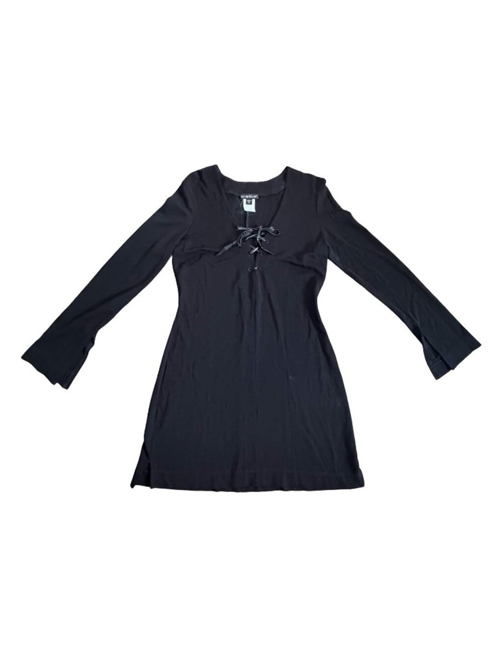 Vintage 90s bebe Black Lace Up Mini Dress Y2K Goth Witchy Bell Sleeve USA